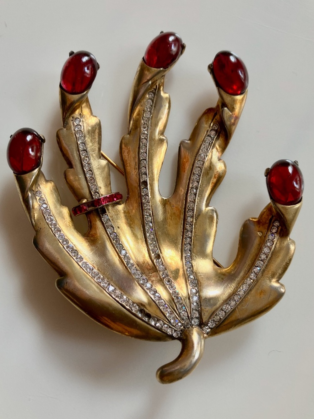 RARE Schiaparelli / Dali Leaf Brooch w/ Cabochon Glass & Rhinestones Circa 1951